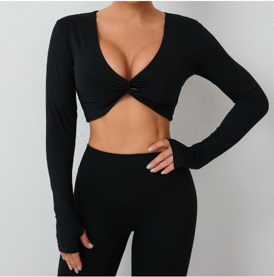 European and American Women's Short Yoga Sports Top High Elasticity Sexy Running Quick Drying Yoga Fitness Long Sleeves