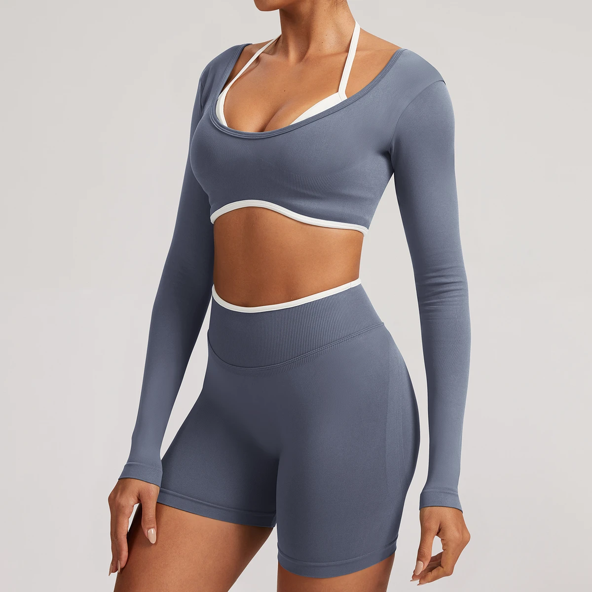 Seamless Quick Dry for Two Piece Nine Quarter Sleeve Yoga Top with Front Logo for Women Running Fitness and Sports