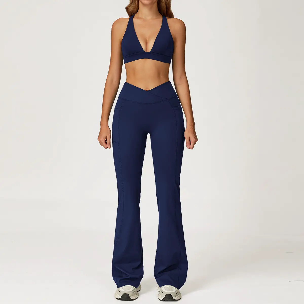 Deep V Neck Halter Yoga Set High Waist Flared Leggings Full Length Seamless Solid Color Spandex Polyester 2 Piece