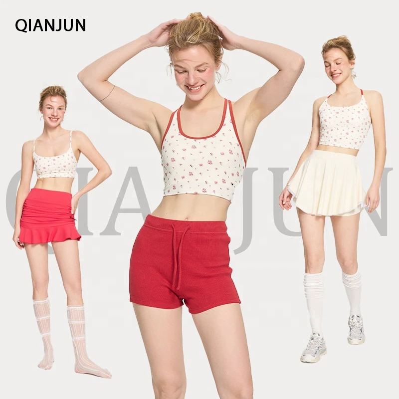 Women's Floral Gym Fitness Tights Sportswear Set Elastic Waist Five-Piece Yoga Clothes Including Shorts Color Contrast Fitness