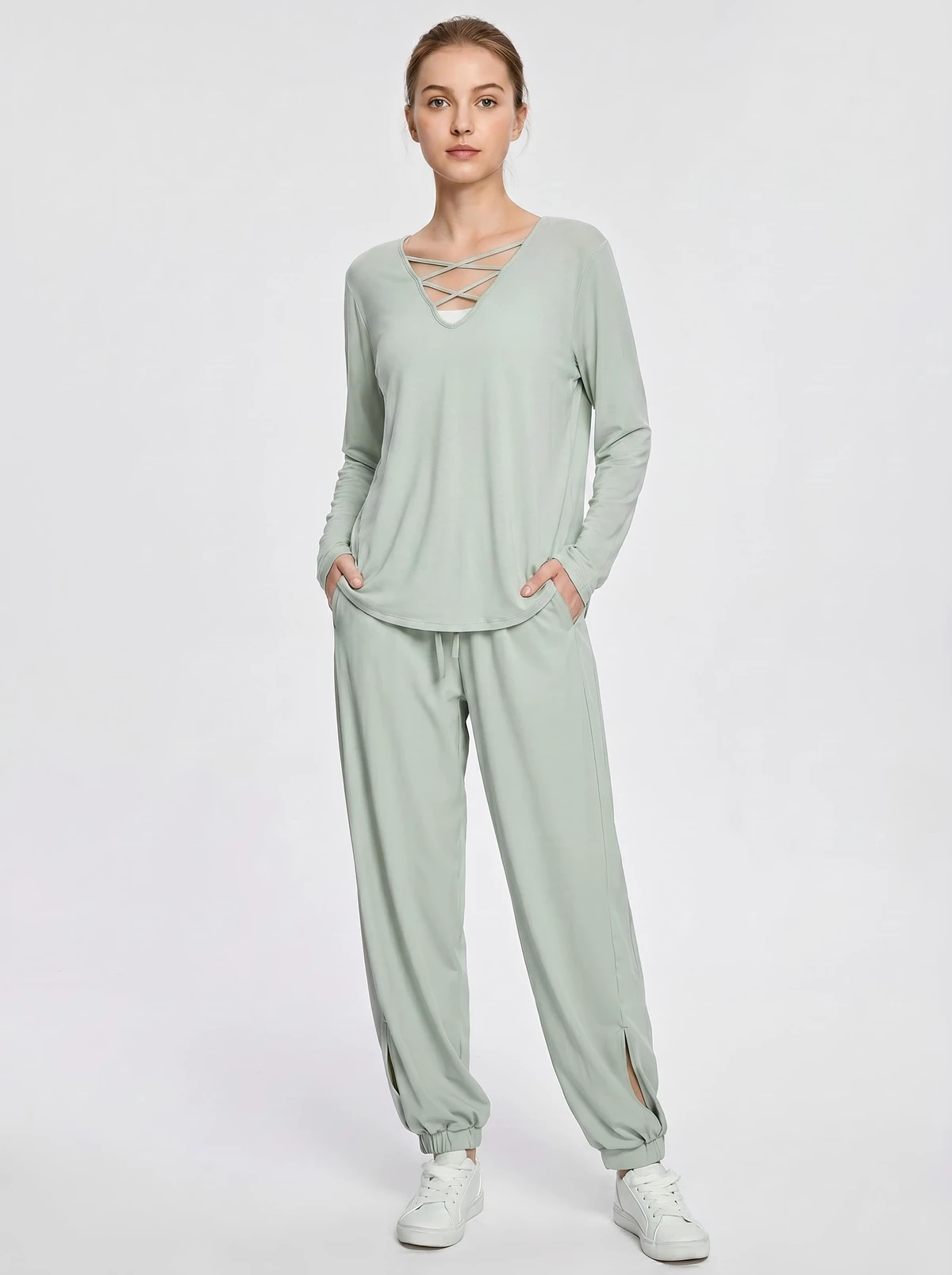 Women Cross Back V Neck Long Sleeve Yoga Top, Soft Breathable Casual Home Base Layer Shirt, Customizable