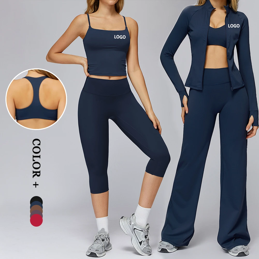 Versatile Yoga Suits for Workout Daily Wear Racerback Yoga Bra Tanktop Gymwear Sports Jackets Capri Flared Leggings Pants Set