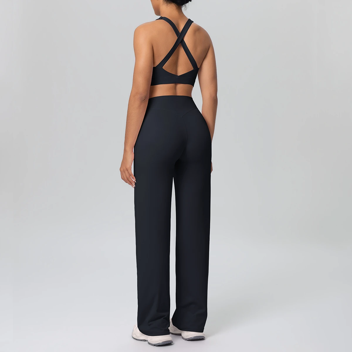 Cross-Strap Backless Breathable Lightweight Plus Size Sports Bra High-Waist Shorts Yoga Pants Set-Solid Color Four-Way Stretch
