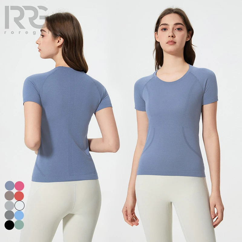 Roregal Summer Seamless Round Neck Yoga T-Shirt Slim Fit Quick Drying Breathable Running Women Sports Short Sleeved Top