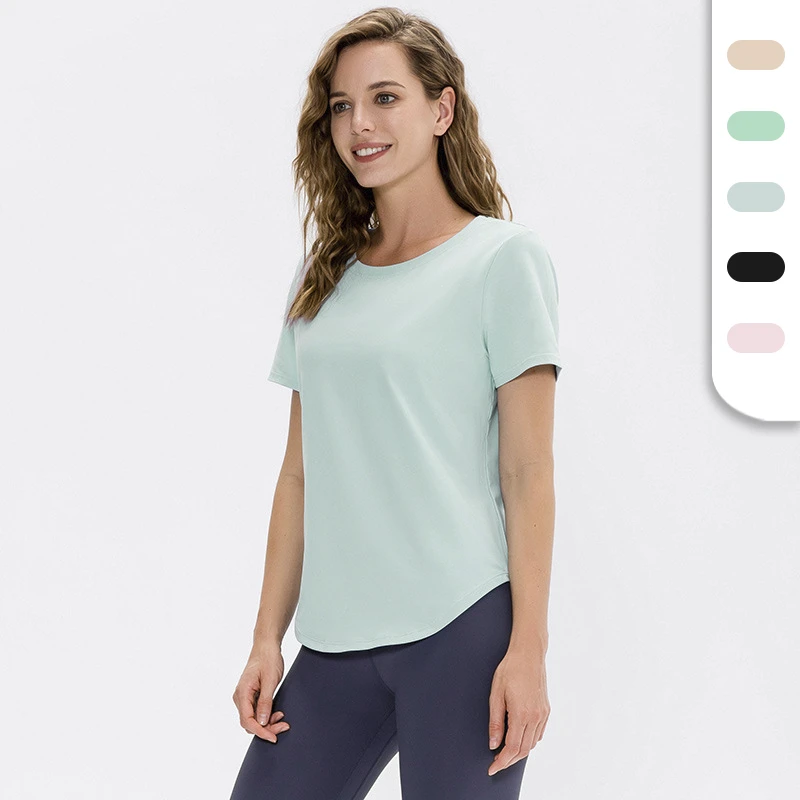 Womens Solid Color Yoga T-shirts with Custom Logo Polyester Blending Lightweight Breathable Sports T-shirts