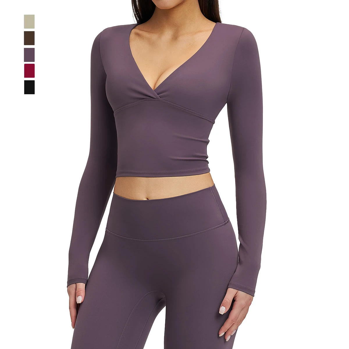 Women's Lightweight Yoga Crop Top V-Neck Long Sleeve Four-Way Stretch Quick Dry Sweat-Wicking Breathable Gym Fitness Wear