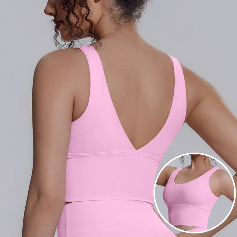 Hot Selling Women's S-XL Nylon/Spandex Front V-neck Quick Dry Breathable Seamless Removable Shockproof Sports Tank Top