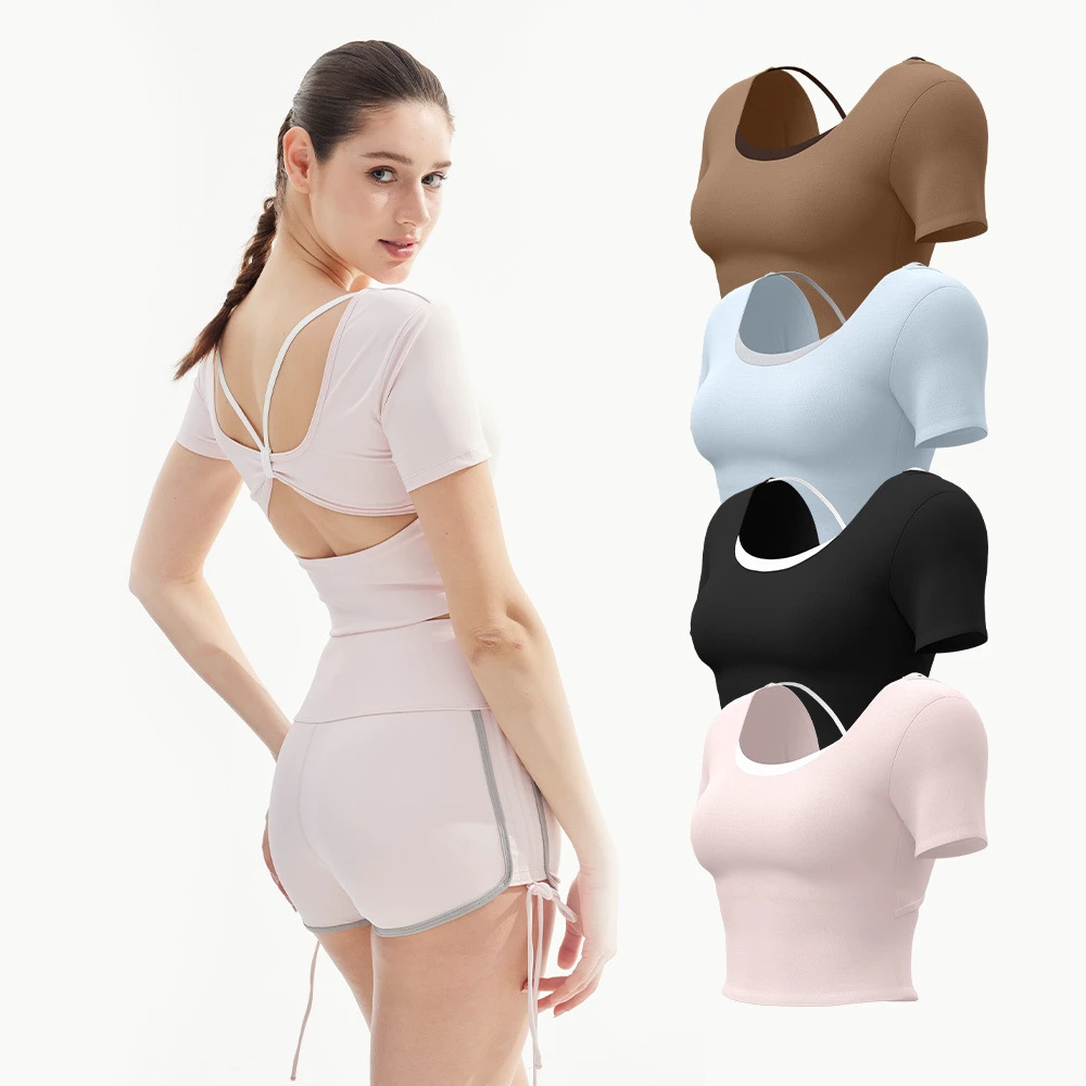 Summer Quick-dry Spandex/Polyester Sports Yoga Top Women Short-sleeved Peach-shaped butterfly Strap Chest Pads Suitable for