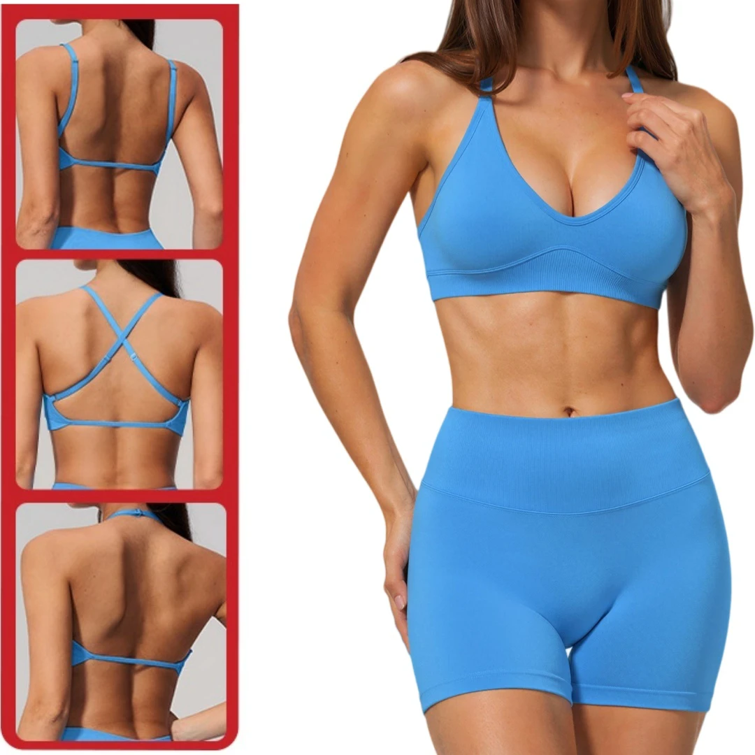 OEM ODM Custom Logo Seamless Yoga Set Cross Back Sports Bra High Waist Butt Lift Leggings Women Fitness Running Active Wear