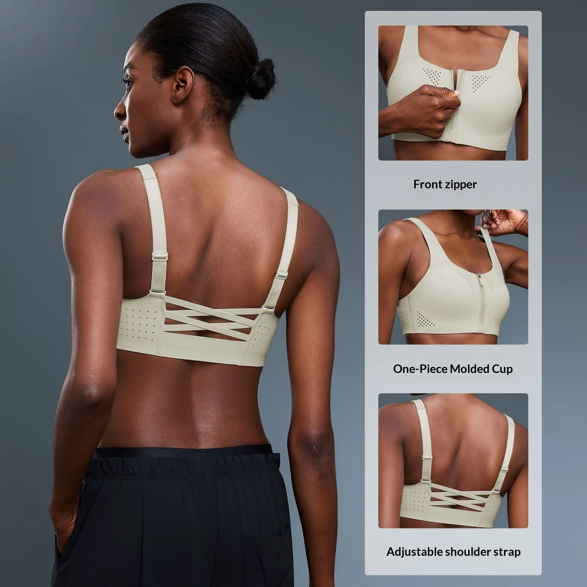 High Intensity Support SpandexNylon Sports Bra Adjustable Straps Front Zipper Integrated Yoga Cup Shockproof HollowOutBreathable