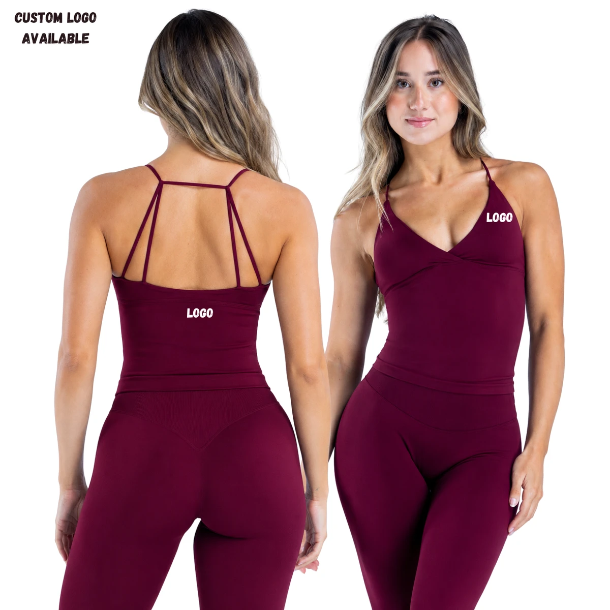 Custom Women Seamless Yoga Set Cross V Neck Tank Top High Waist V Cut Leggings Gym Fitness Sportswear 2 Piece Activewear