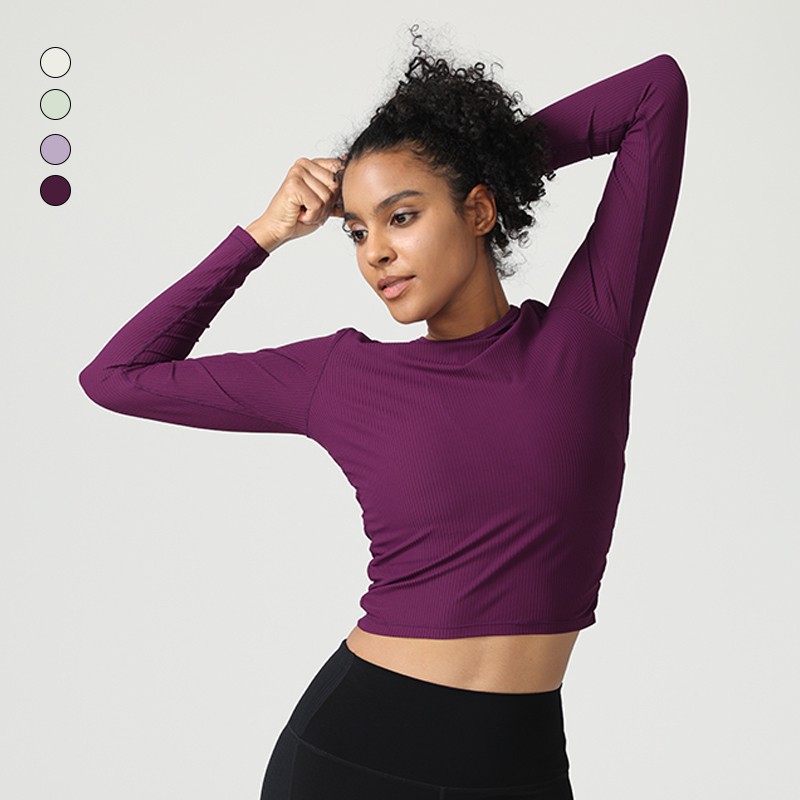 Women's Compression T-shirt Long Sleeved Sports Top Slimming Waist-Cinching Pleated Fitness Wear for Training Running Yoga Top