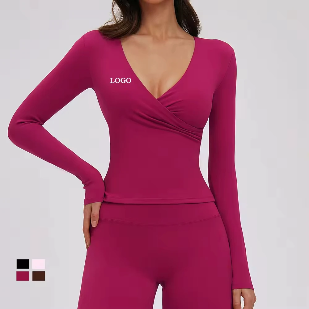 Custom Eco-Friendly Recycled V Neck Long Sleeve Workout Running Crop Top 4-Way Stretch Slim Fit Cross Front Gym Active Yoga Tops