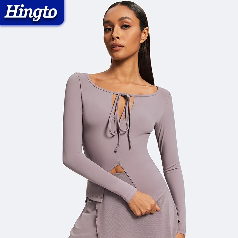 2025 Lace up Round Neck Slim Fit Long Sleeved Yoga Shirt Skinny Long Sleeves Active Lightweight Top Workout Yoga Crop Tops