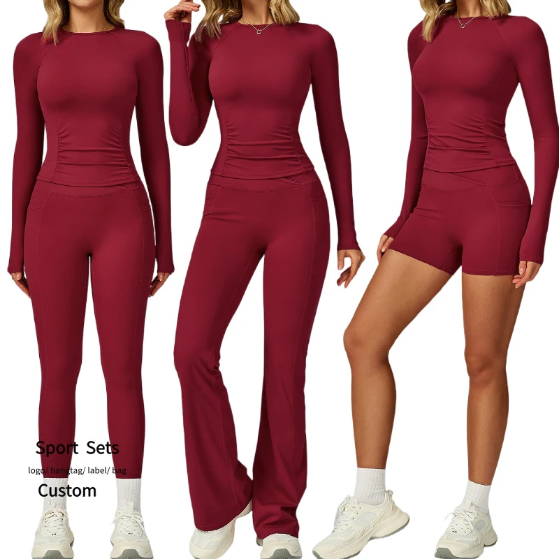 2030 Women Naked Feel Yoga Suit Long Sleeve Tshirt 2Pcs Workout Sets Custom Ladies Breathable Quick Dry Gym Fitness Sets