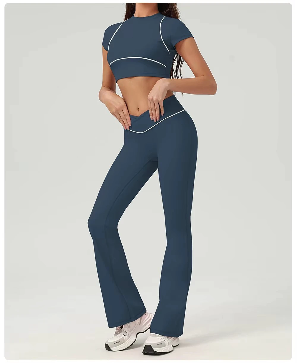 Custom Yoga Set Women 2 Pieces Short Sleeve Crop Top And Flare Leggings Set High Waist Workout Gym Outfit OEM Custom Logo