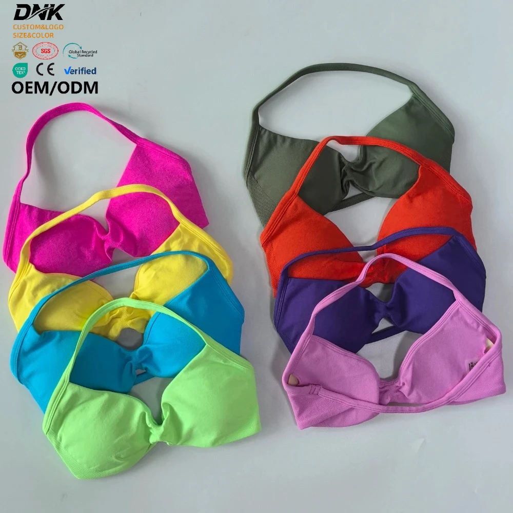 LVD411 Strappy Bra Gym Crop Top Seamless Halterneck Bra High Stretch Removable Cups Push up Backless Sports Bra Yoga Clothing