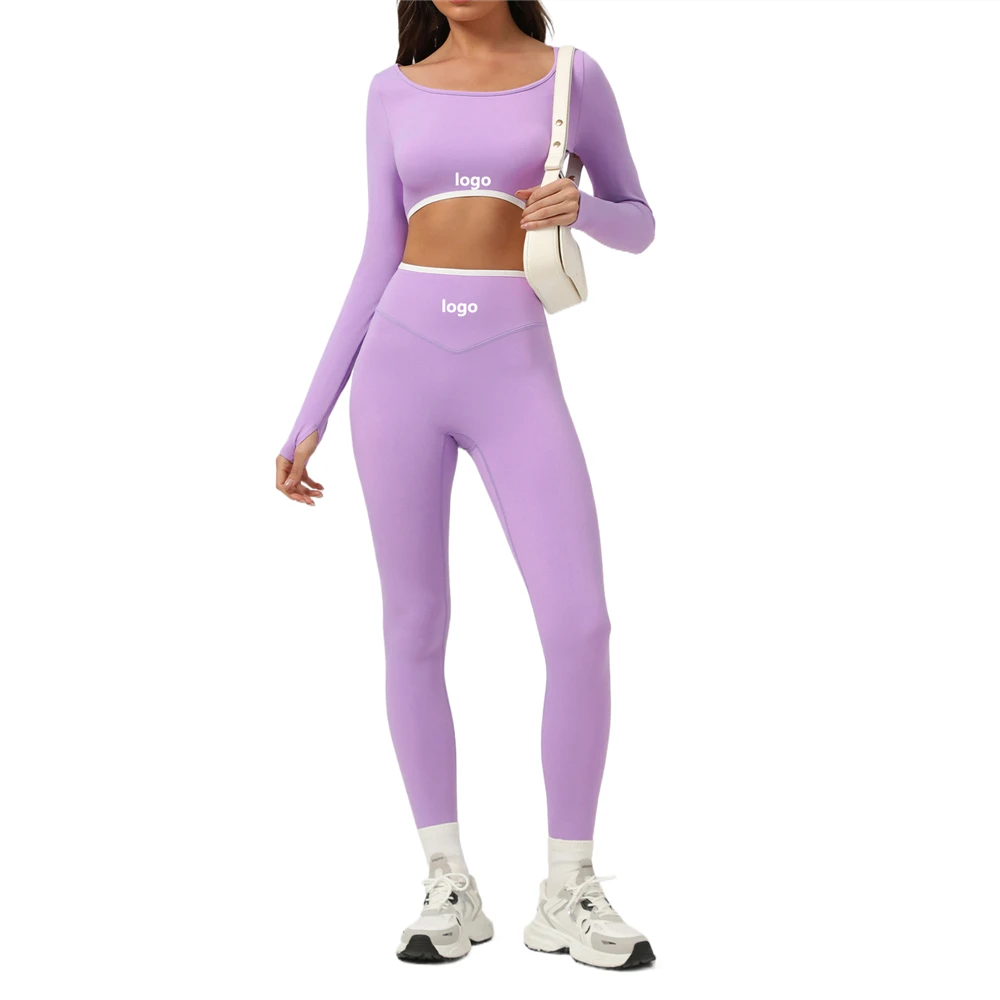 Custom OEM High Quality Quick Dry Fitness Sports Suit Women Thumb Sleeve Tight Long Waist Yoga Pants 2-Piece Set