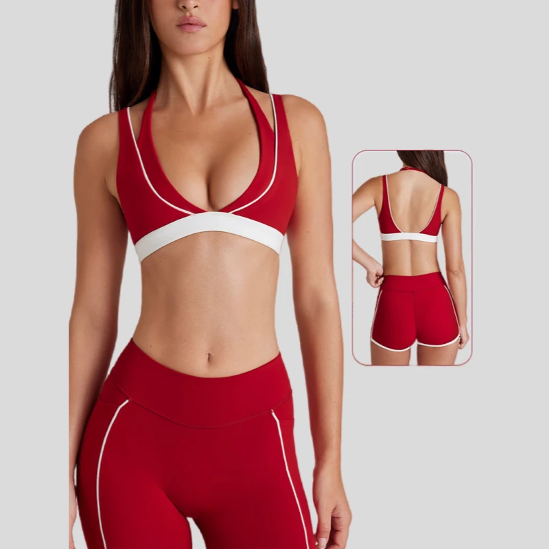 Cross-border Two-piece Color-blocking White Stripe Running Fitness Shorts V-neck Halter-neck Sports Bra Set for Yoga Wear