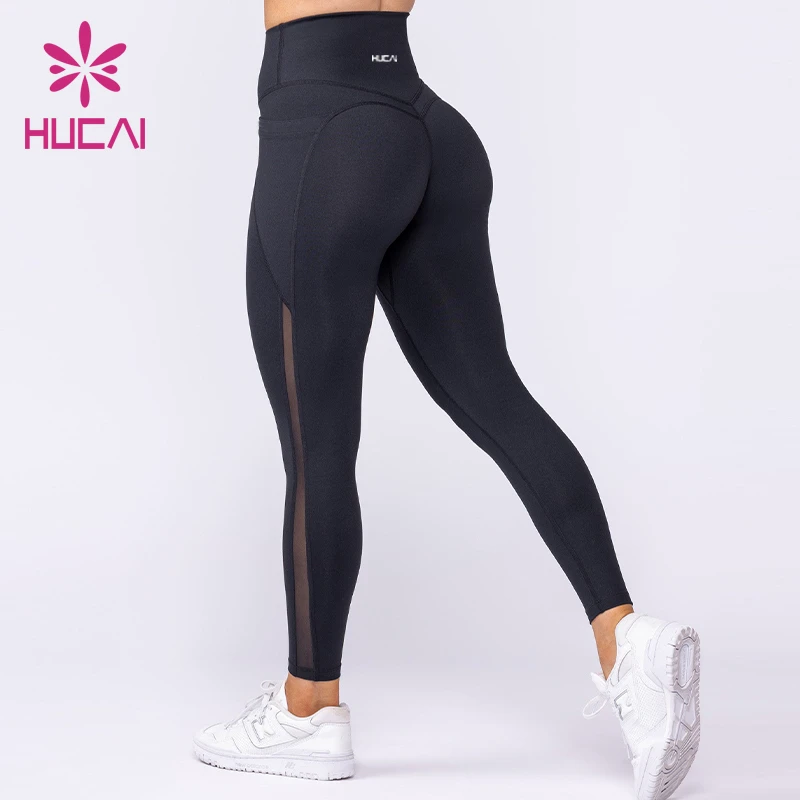 OEM HUCAI Custom logo Patchwork Mesh High Waist Butt Lifting Yoga Pants Womens Fitness Leggings with Pocket