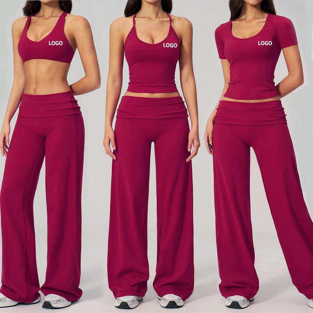 Foldover Waistband 5 Pieces Yoga Set Crisscross Strap Bra Short Sleeves Tee Booty Lefting Fold Over Straight Pants Outfit Suits