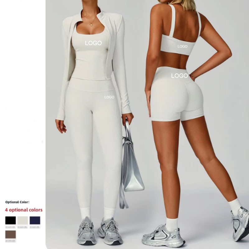 Women's High-Waisted Three-Piece Yoga Sports Suit Breathable Solid Jacket Legging Threaded Tight-Fitting Slimming Look for Front