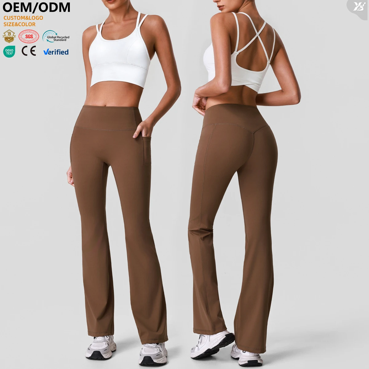 New Arrival Crisscross Back Sport Bra High Waist Flared Yoga Legging Side Pockets 2 Piece High Elastic Activewear Sets for Women