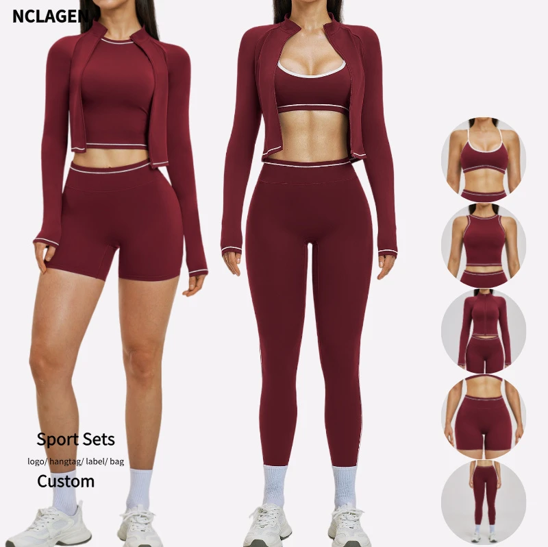 Women's Naked Feel Soft Quick Dry Activewear Sets Fashion Color Blocking Tight Fitting Yoga Suit 5Pcs Outdoor Running Gym Set