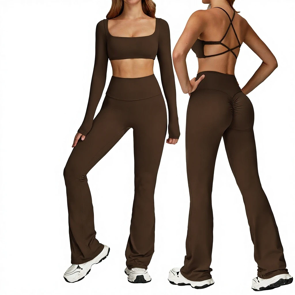 Ze Chuang Autumn Solid Anti-shock Nude-feel Yoga 2-Piece Set Quick-drying Tight Fitness Casual Sports Flared Leg Women's TZ8232