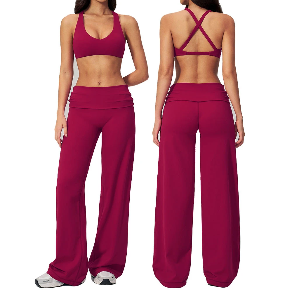 Women's Girls Breathable Compression Quick Dry Four-Way Stretch Fitness Slimming V Neck Sports Bra Fold Waist Wide Leg Pants Set