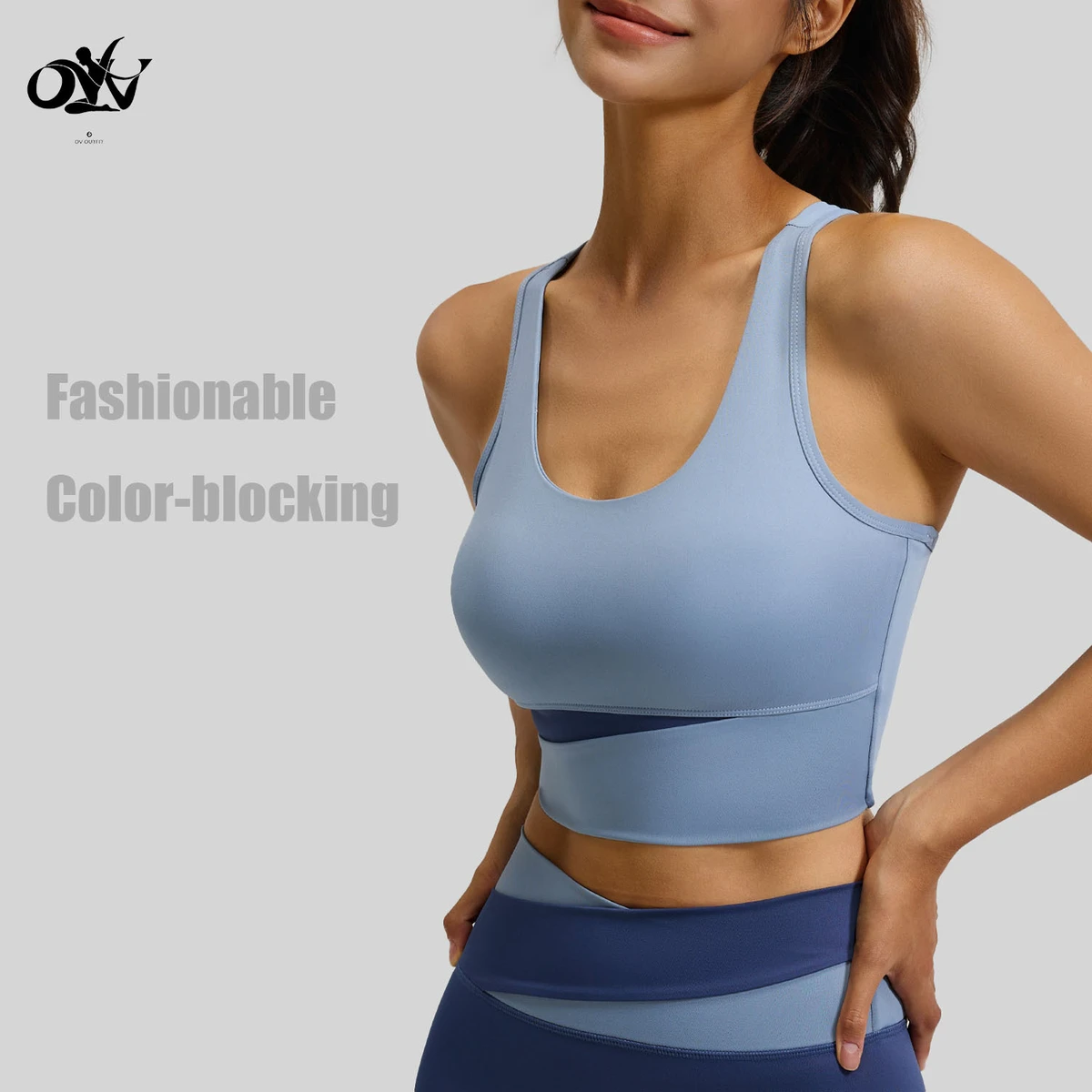 Wholesale Fashion Color Blocking Racerback Beautiful Back Sports Bra for Women High Strength Shockproof Skin-friendly Yoga Bra