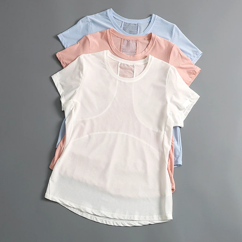 Women's Dance Yoga Short Sleeves Breathable Lightweight High Stretch Quick Dry Mesh Sports Gym Shirts with Front Logo
