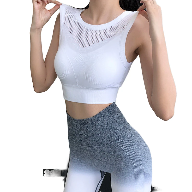 Women's High- Wireless Breathable Medium Support Sports Bra Hollow Beautiful Back Gathered Yoga Vest Solid Active Gym