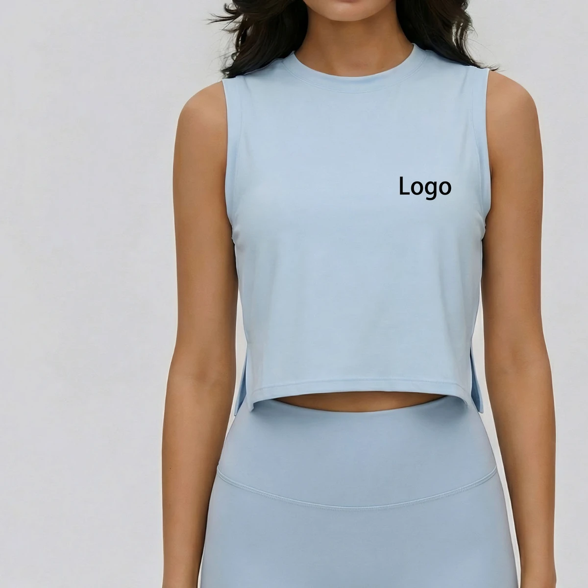 Custom Logo Loose Fit Crew Neck Sleeveless Yoga Tops Side Slit Luxury Elastic Breathable Cropped Quick Dry Women's tank Tops