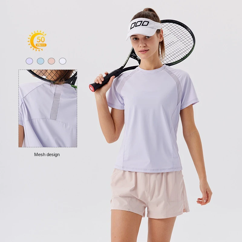 Women's Outdoor Sports Top Breathable Quick-Drying Ice Silk Crew Neck T-Shirt Sun Screen Yoga Clothing Slim-Fit