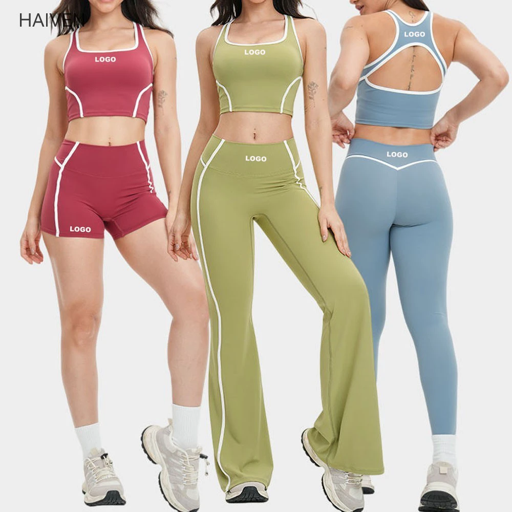 New Design Color Blocking Back Hollow-out Fashion Women Yoga Set High Elasticity 4-ways Stretch Comfort Gym Fitness Sets