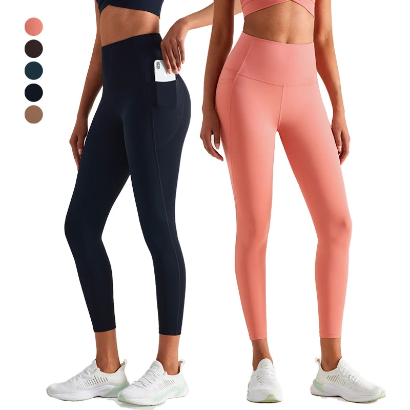 Wholesale Women Naked Feeling Soft Stretchy Yoga Pants Private Logo High Rise Workout Running Sports Leggings With Side Pockets