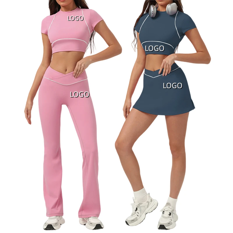 Custom Women Workout Set 2 Pieces Yoga Outfits Gym Clothes Crop Top with Skirt Set High Waist Leggings Wide Leg Sweat Pants Sets