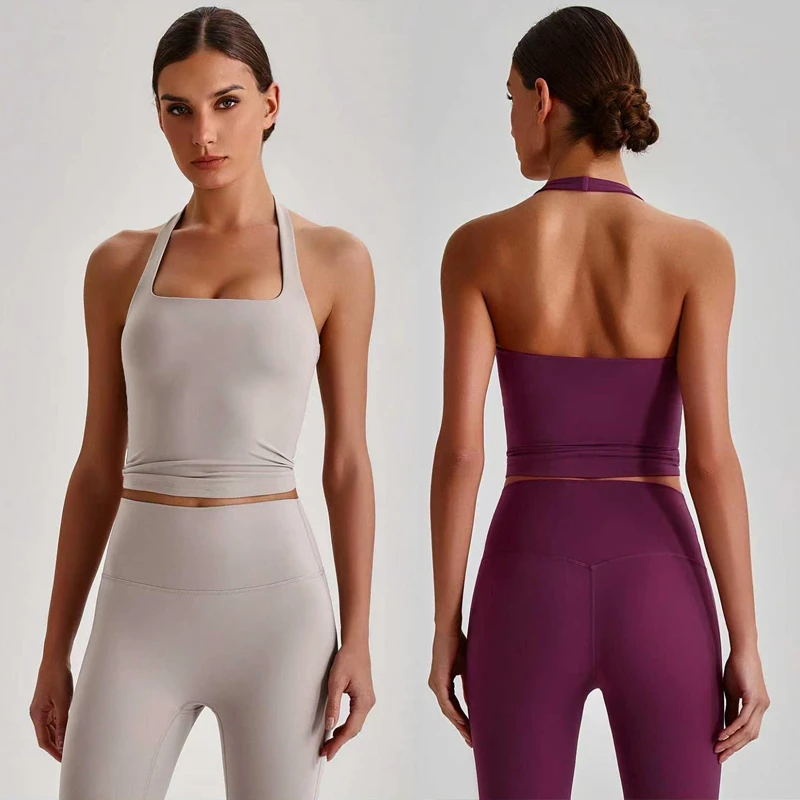 Women Halter Yoga Top with Built-in Bra Square Neck Sleeveless Workout Crop Tank Top Backless Sports Bra for Gym Running Fitness