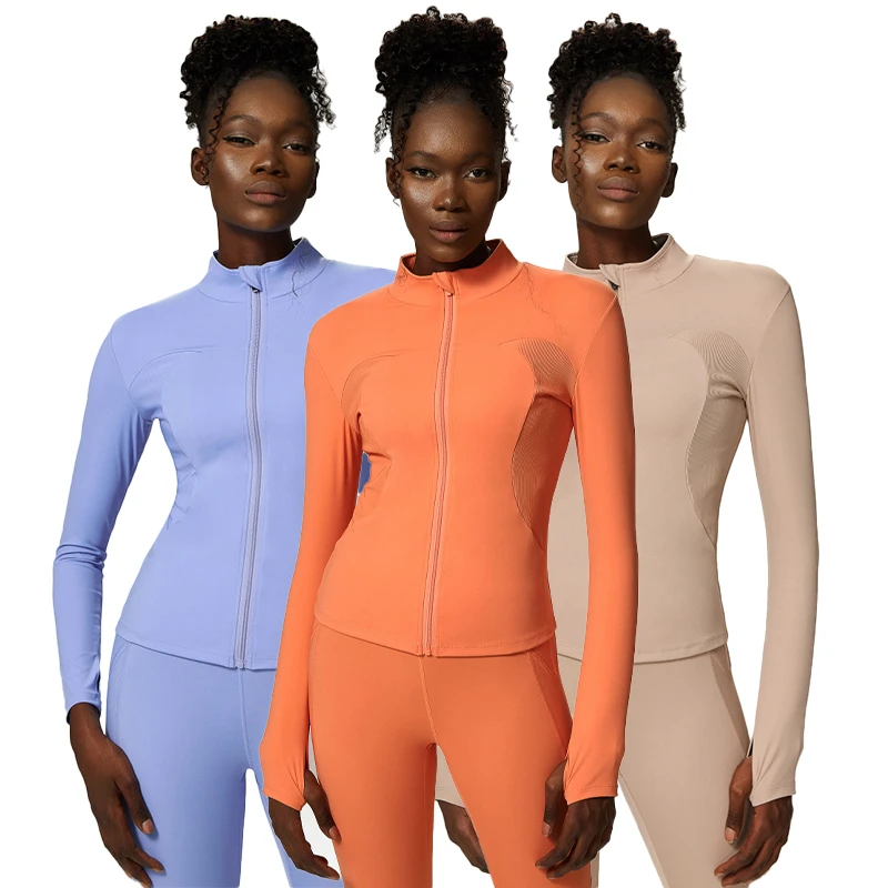 Women's Large-Sized Zipper Sports Top Elastic Yoga Wear with Stand-Up Collar and Long Sleeves Fitness Jacket