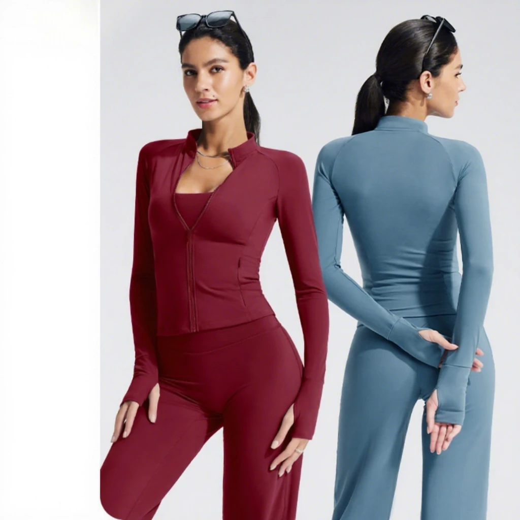 Stand Collar Long-sleeved Zipper Breathable Spandex/Nylon Solid Tight-fitting Yoga Clothing Coat Women's Sports Fitness Cycling