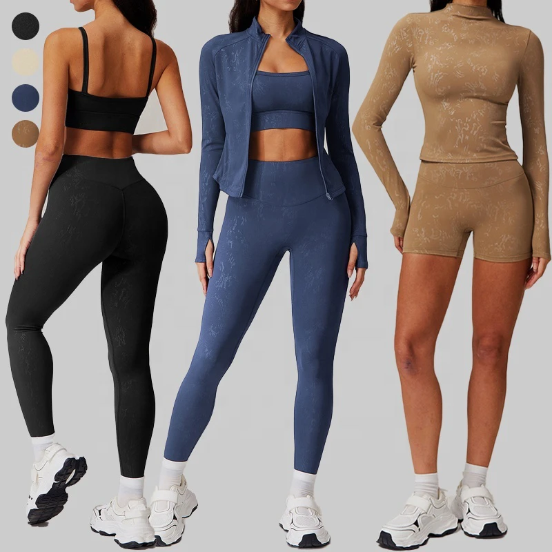 New Women Activewear Gold Stamping 6 Pieces Workout Outfits Free Matching Yoga Suit Long Sleeve Yoga Crop Top Gym Fitness Set