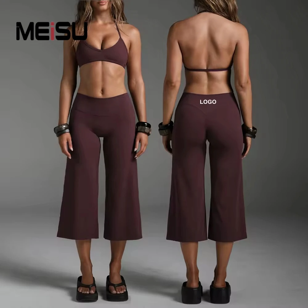 Custom Logo 2 Piece Yoga Set Women Wide Leg 7/8 Pants High Waist Butt Lifting Sports Bra Quick Dry OEM