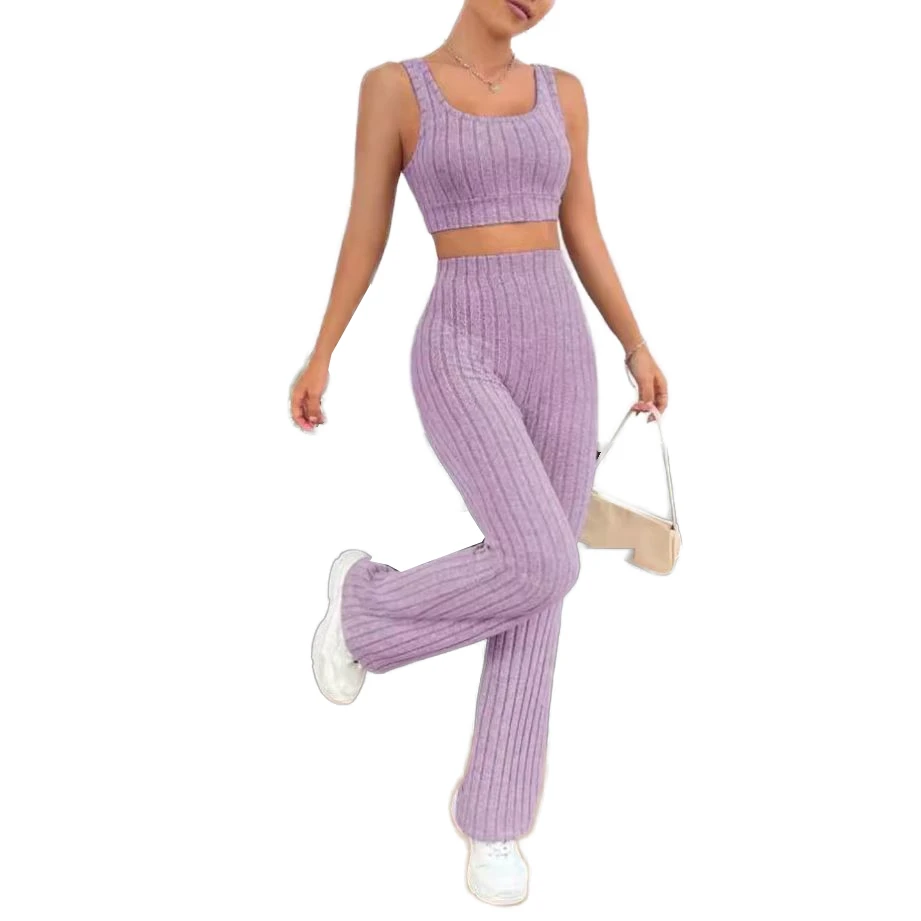 Custom Logo Ribbed Knit Women's Solid Casual 2 Piece Sets Regular Fit High Waist Flare Pants Regular Tops for Wear Tracksuits