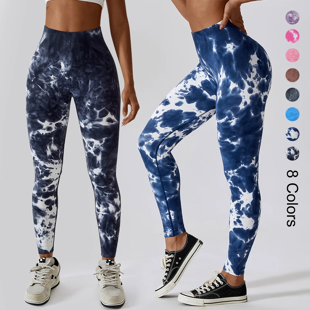 Hot Girls Sexy High Waist Yoga Leggings Custom Tie Dye Seamless Sport Fitness Pant Women XL Size Spandex Material Workout Use