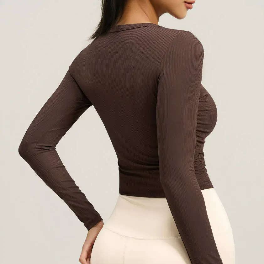 Autumn New Slim Yoga Top Four-Way Stretch Breathable Waist Slimming Long Sleeve Fitness Clothes Front Logo Spandex/Polyester