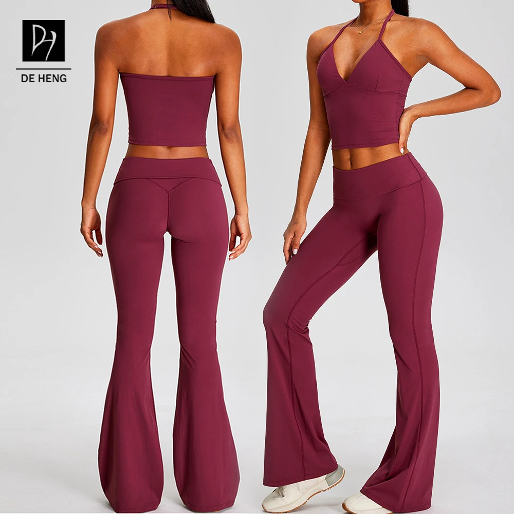 2026 New Women's Casual Sports Set Adjustable Halter Strap Fitness Bra Hip Lifting Flare Pants Yoga 2-Piece Sets