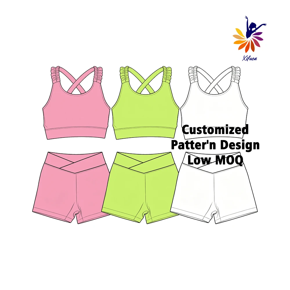 Hot Sale Girls Dance Wear Set in Stock Stretchy Kids Fitness Clothing Solid Color Tank Top and High Waist Shorts Low MOQ