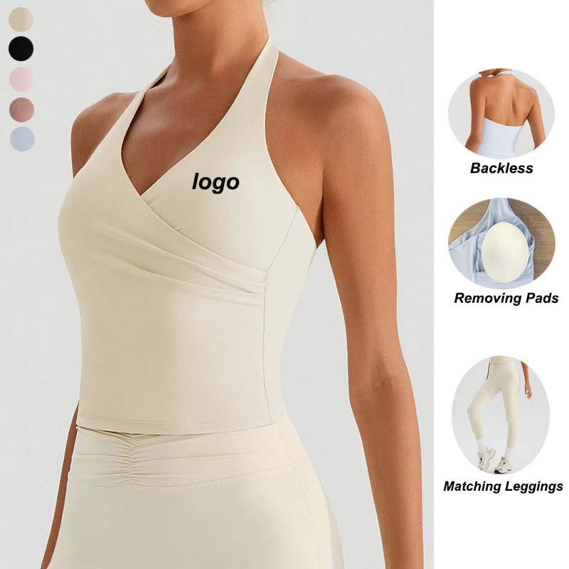 Wholesale Yoga Women's Tank Top Halter Pleated Vest Gym Outfits Sleeveless Tight Quick Dry Crop Tops Running Clothes for Women