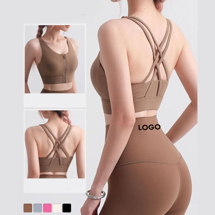 Seamless High Support Spandex/Nylon U-NECK Sports Bra Front Zipper Shockproof Cross Back Breathable Yoga Gym Fitness Push-Up